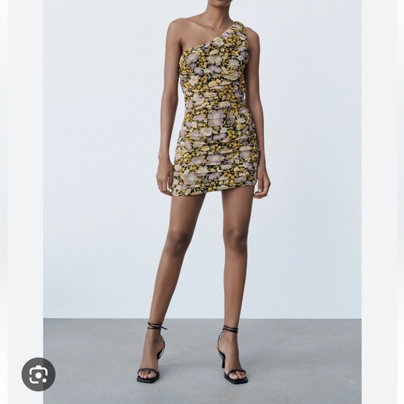 Zara Floral One Shoulder Dress Size S - Picture 3 of 15